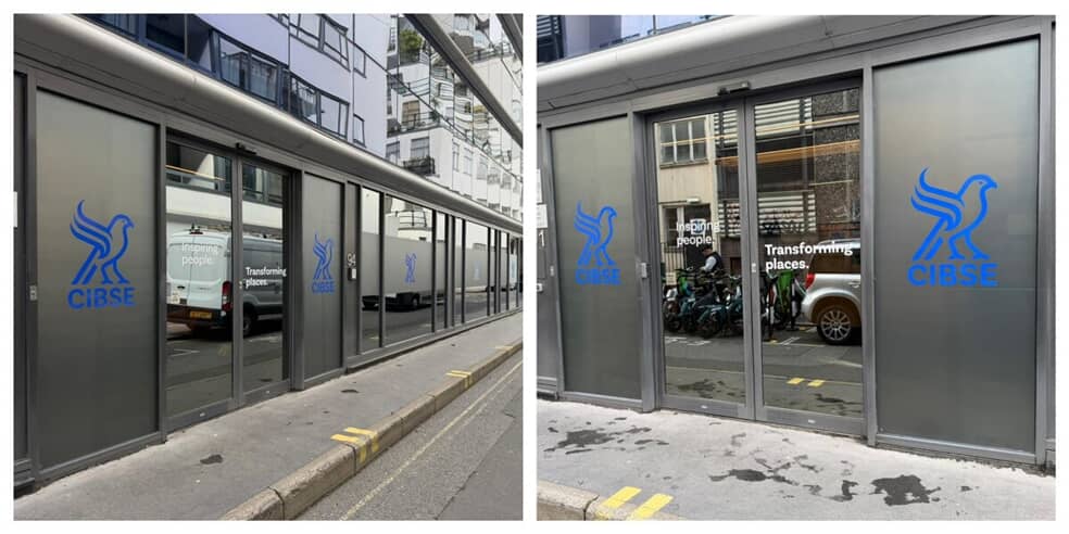 A collage of the CIBSE blue bird logo and frosted vinyl film on the exterior doors.